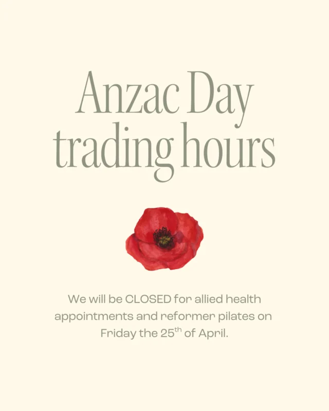 We will be closed on Anzac Day for allied health appointments and reformer pilates. Reformer classes will resume on Saturday the 26th of April. Thank you for your understanding.⁠
⁠
⁠
⁠
⁠
⁠
#melbournewellbeing #melbournewellness #melbournephysiotherapy #melbournepilates #melbournehealth #melbournedietetics #melbournenutrition #prestonphysiotherapy #prestonpilates #physiotherapist #physio #melbourne #preston #wellnesstudio #pilatestudio #physiotherapystudio #supportlocal #prestonlocal